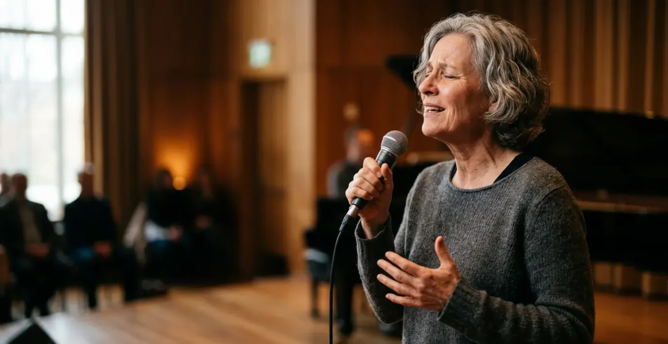 Mature professional singer performing with confidence and vocal strength