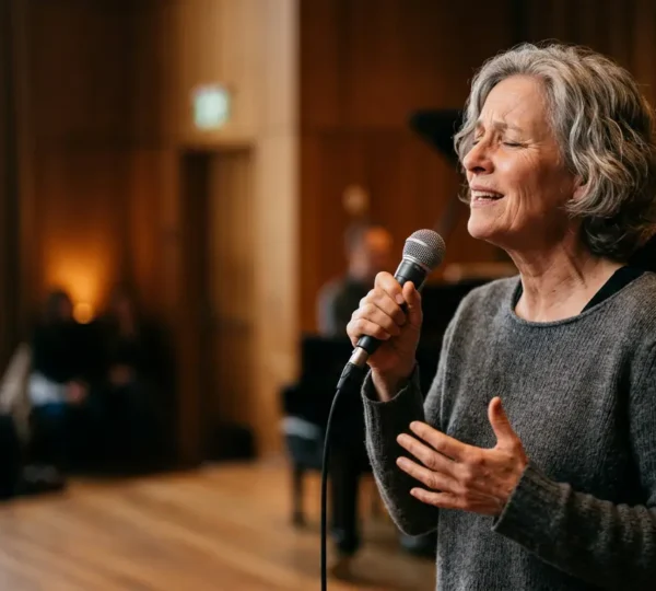 Mature professional singer performing with confidence and vocal strength