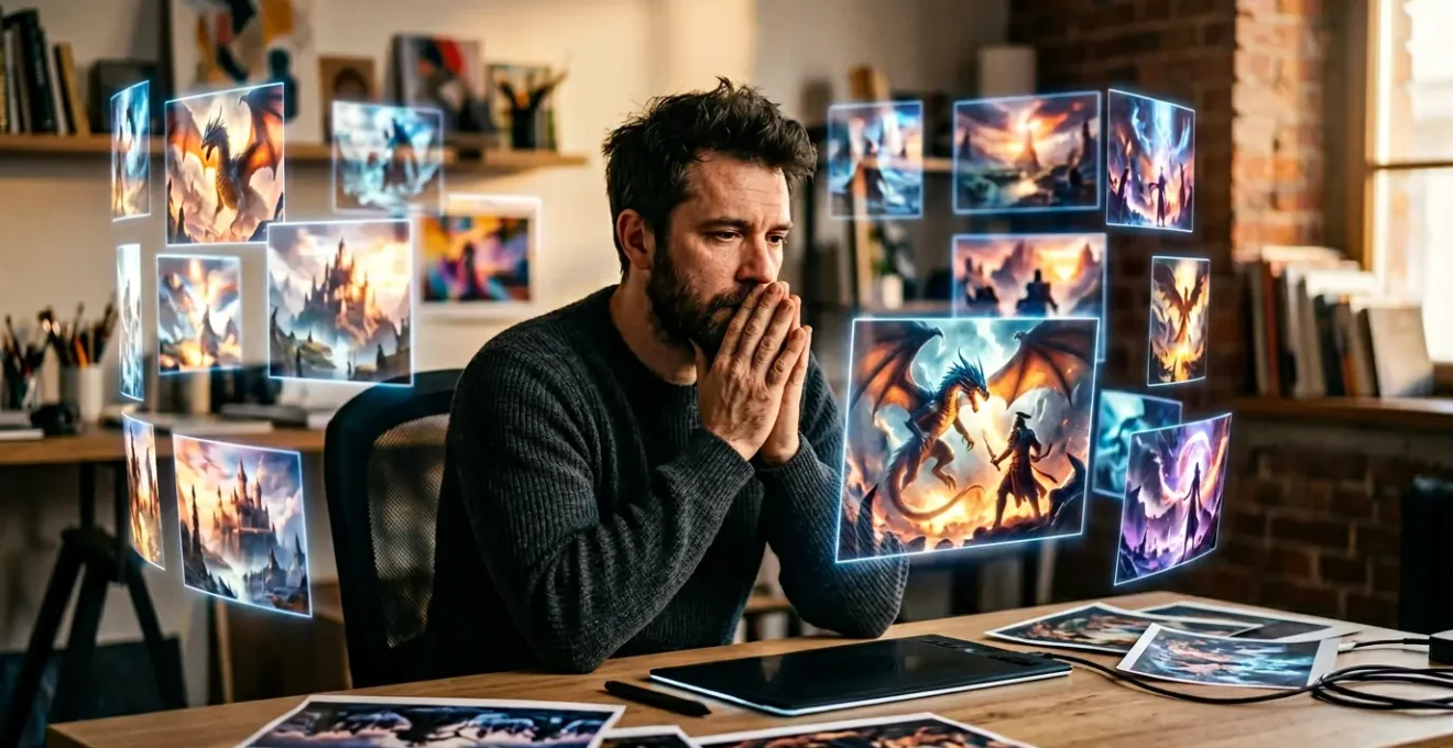 Digital artist working contemplatively with scattered AI-generated images showing similar aesthetic patterns