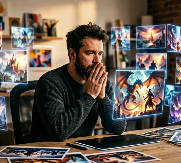 Digital artist working contemplatively with scattered AI-generated images showing similar aesthetic patterns