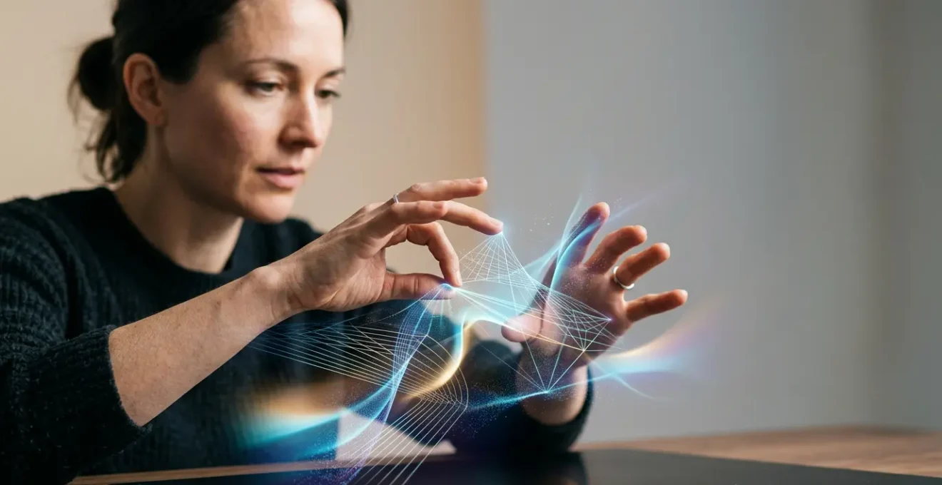 Professional editorial photograph depicting the intersection of human creativity and advanced technology in AI art creation