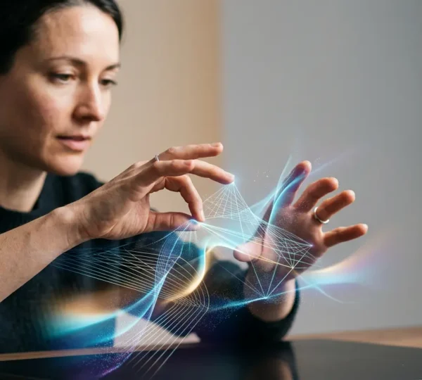 Professional editorial photograph depicting the intersection of human creativity and advanced technology in AI art creation