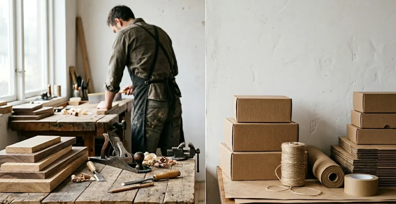 Artisan workshop with reclaimed materials and sustainable practices, highlighting the tension between environmental claims and consumer perception