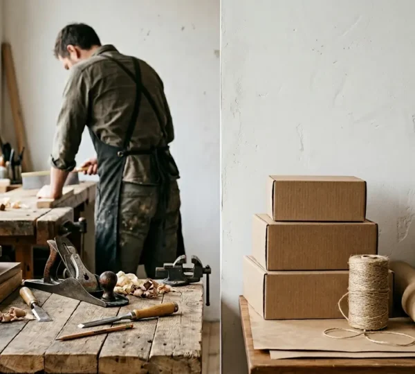 Artisan workshop with reclaimed materials and sustainable practices, highlighting the tension between environmental claims and consumer perception