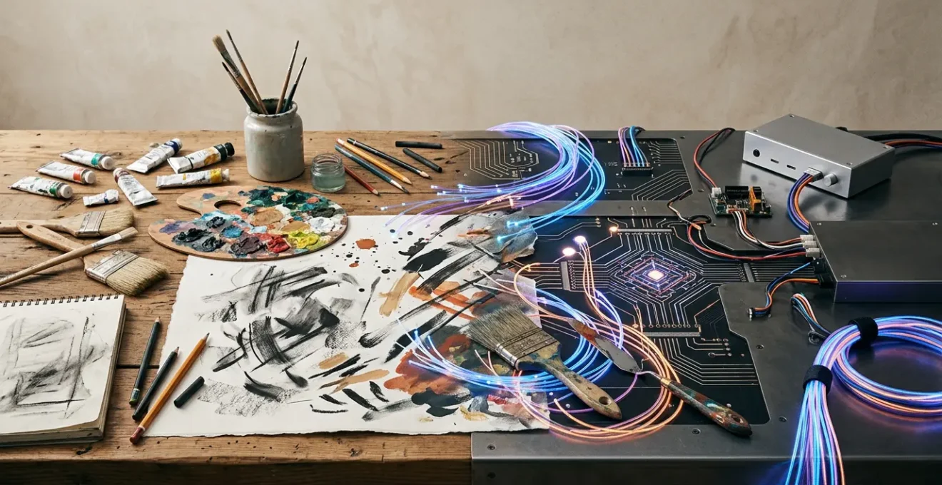 Conceptual representation of artists and artificial intelligence working in creative partnership