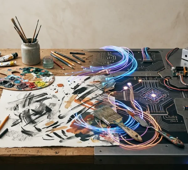 Conceptual representation of artists and artificial intelligence working in creative partnership