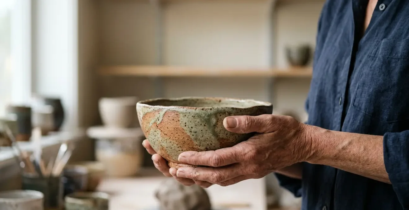 Close-up of hands delicately holding a handmade ceramic bowl in soft natural light, emphasizing craftsmanship and value