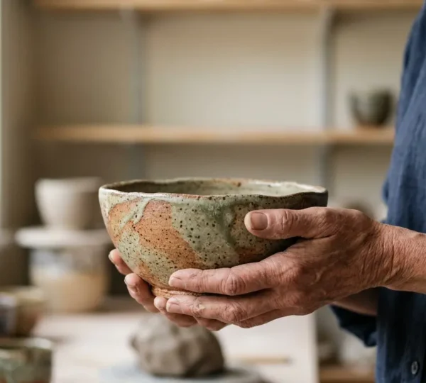 Close-up of hands delicately holding a handmade ceramic bowl in soft natural light, emphasizing craftsmanship and value