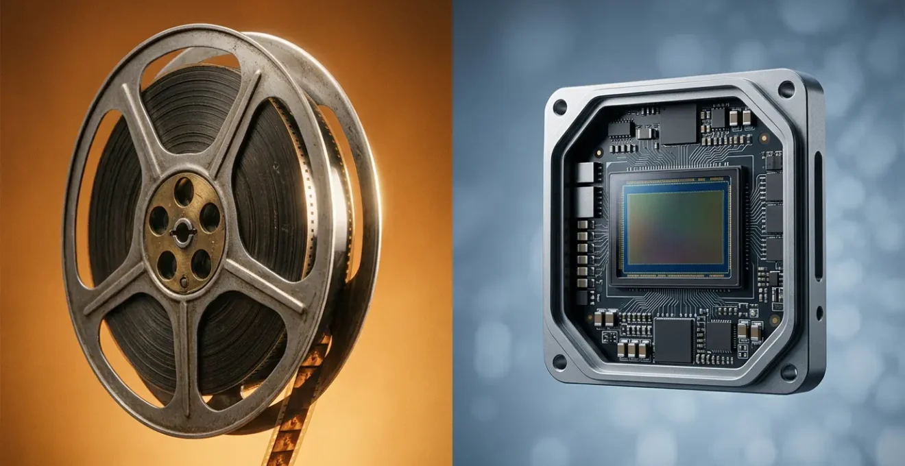 A professional cinematography setup contrasting film aesthetic with digital precision