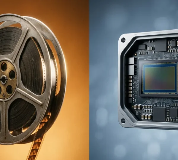 A professional cinematography setup contrasting film aesthetic with digital precision