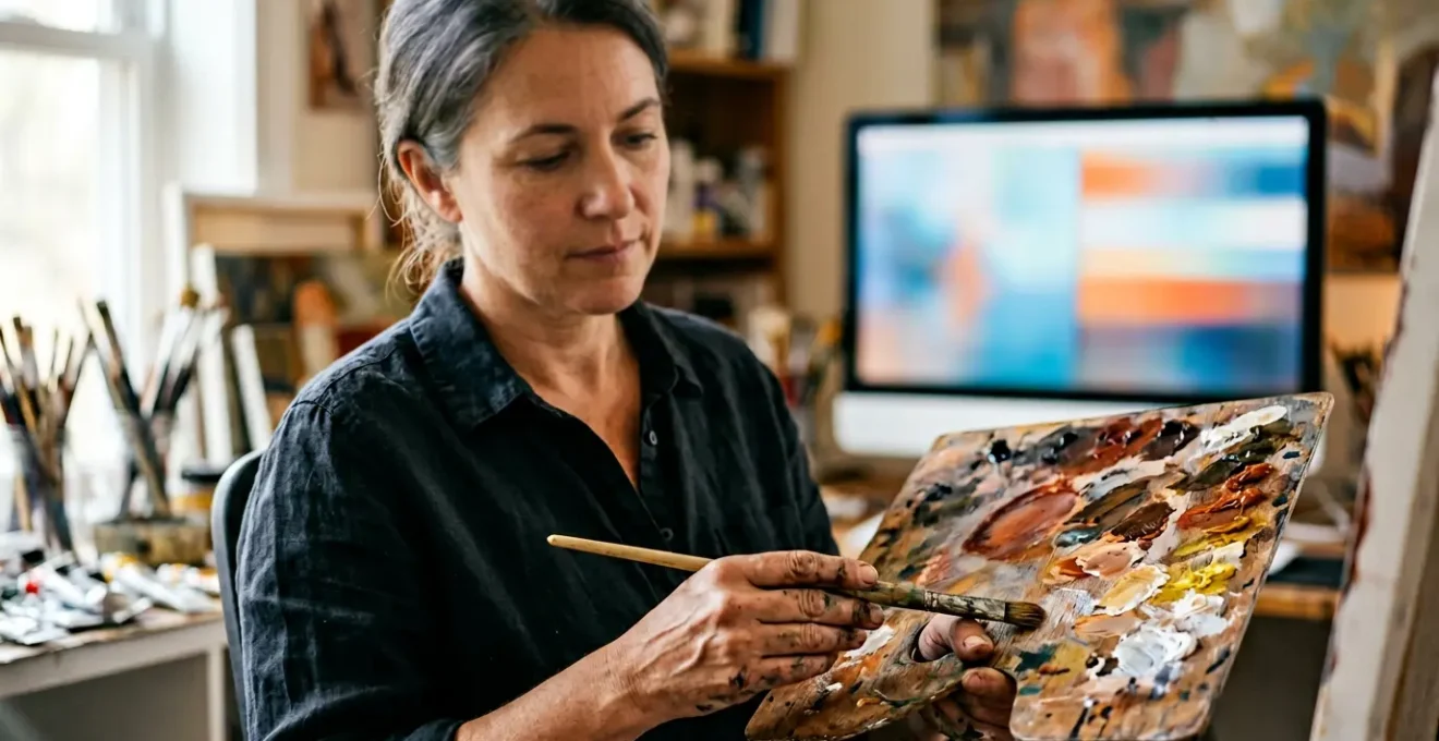 Traditional artist confronting modern digital art tools with contemplative expression