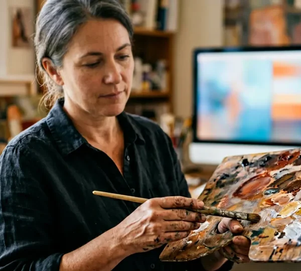 Traditional artist confronting modern digital art tools with contemplative expression