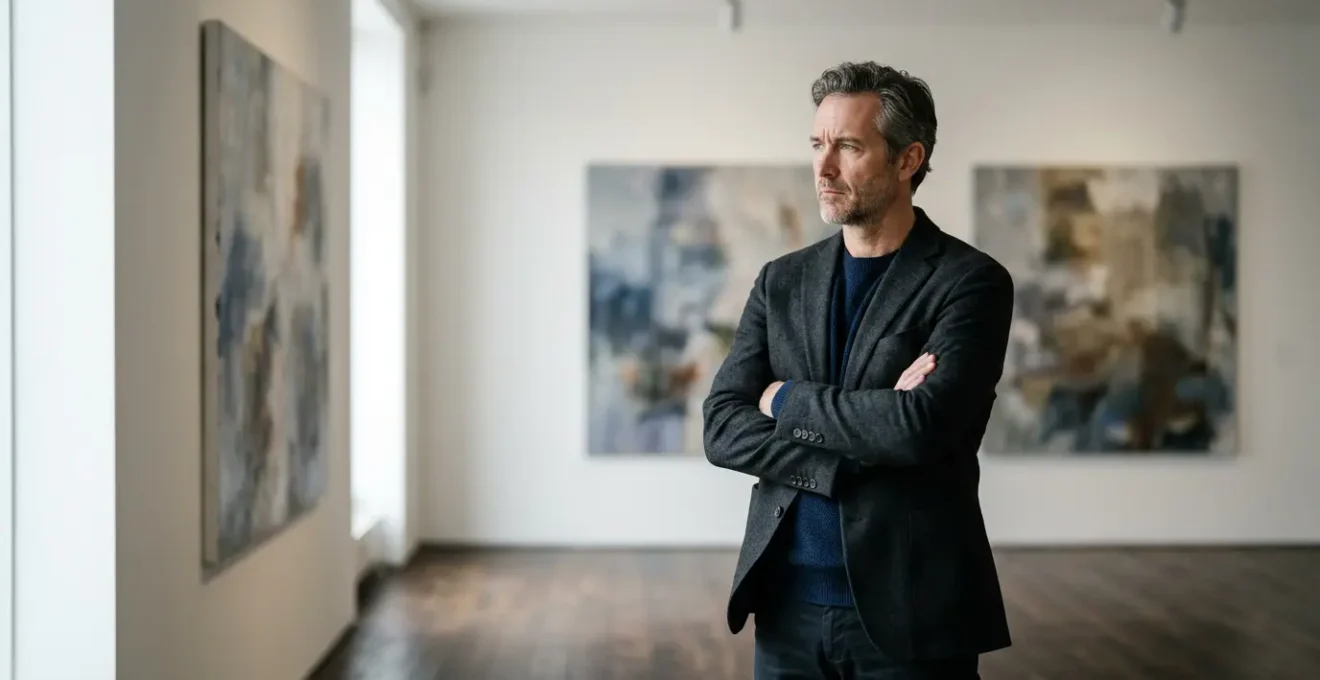 Art collector contemplating contemporary artworks in private gallery setting