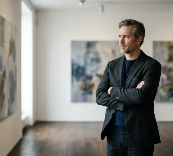 Art collector contemplating contemporary artworks in private gallery setting