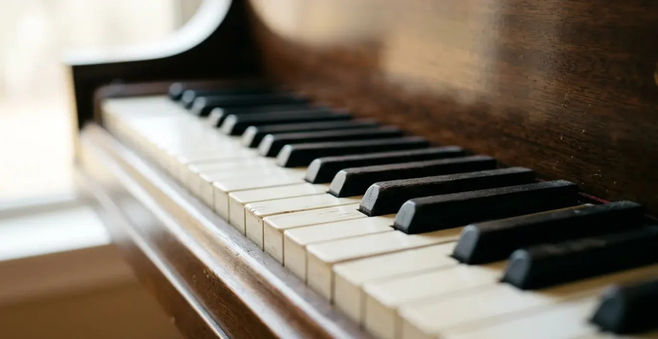 Close-up of piano keys with soft natural lighting showing sophisticated harmonic texture