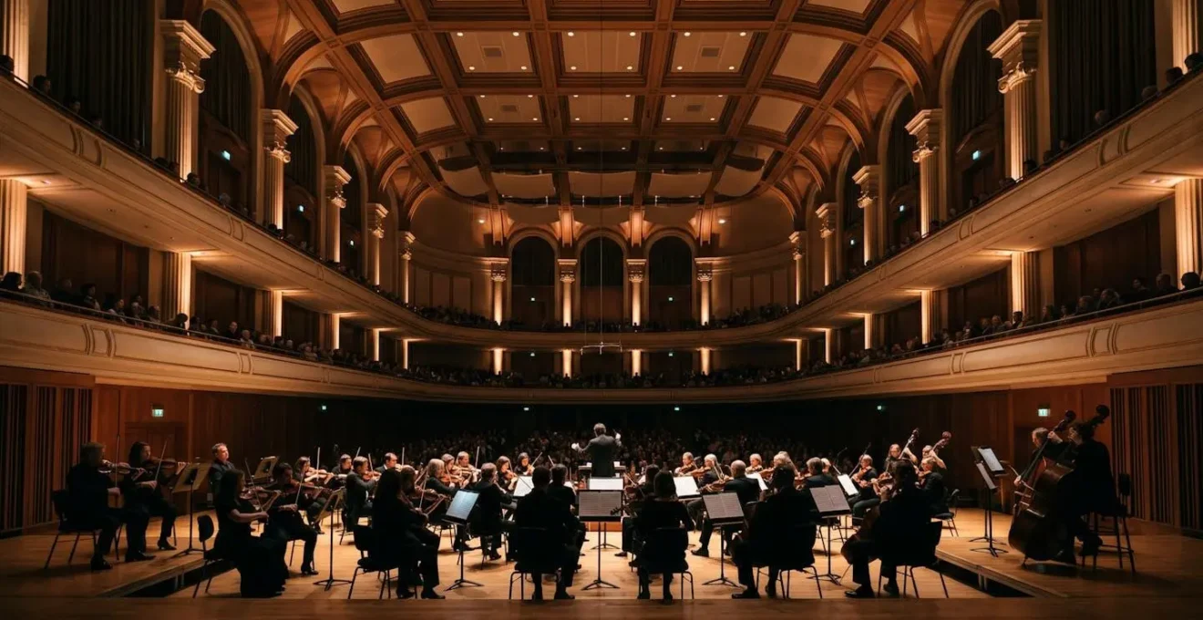 Symphony orchestra performing in a grand concert hall with warm ambient lighting highlighting architectural acoustic features