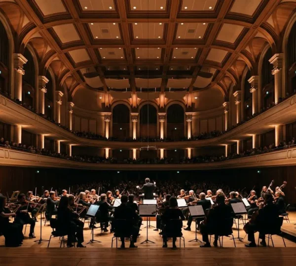 Symphony orchestra performing in a grand concert hall with warm ambient lighting highlighting architectural acoustic features