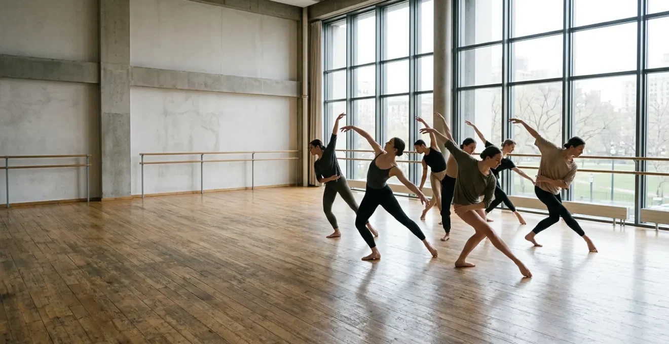 Contemporary dancers in a professional training studio demonstrating synchronized movement patterns revealing institutional aesthetic influence