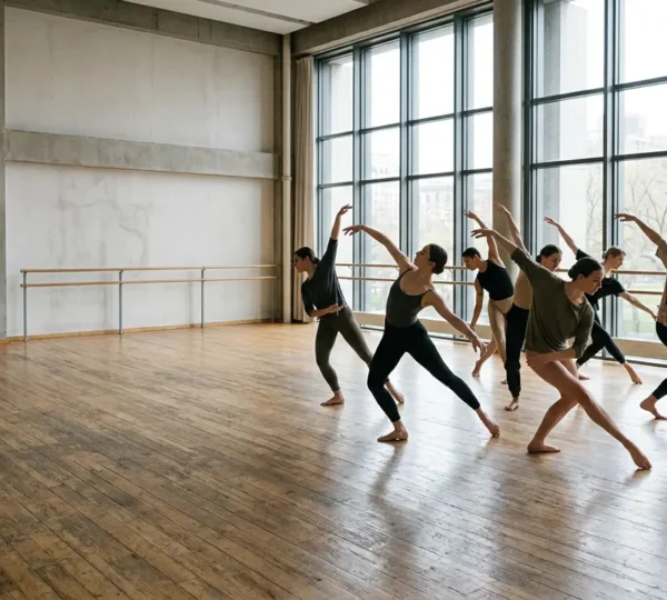 Contemporary dancers in a professional training studio demonstrating synchronized movement patterns revealing institutional aesthetic influence