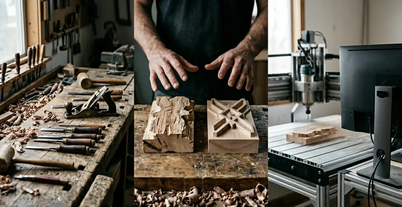 Artisan woodworker examining hand-carved detail alongside CNC machined component in contemporary workshop