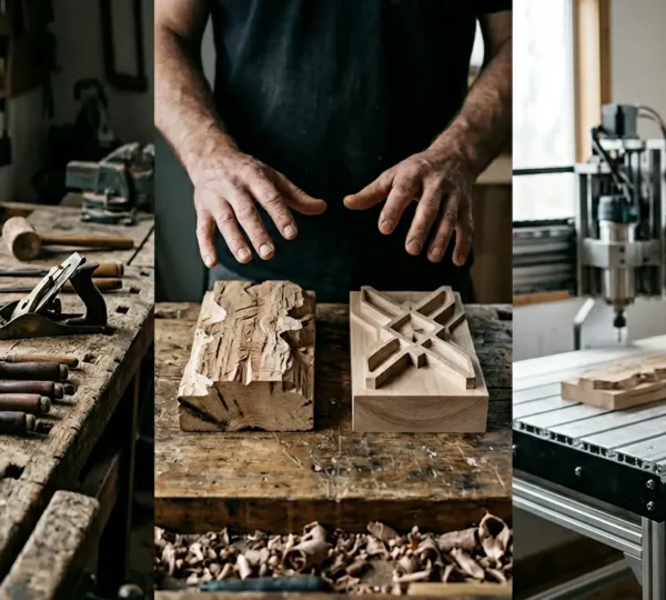 Artisan woodworker examining hand-carved detail alongside CNC machined component in contemporary workshop