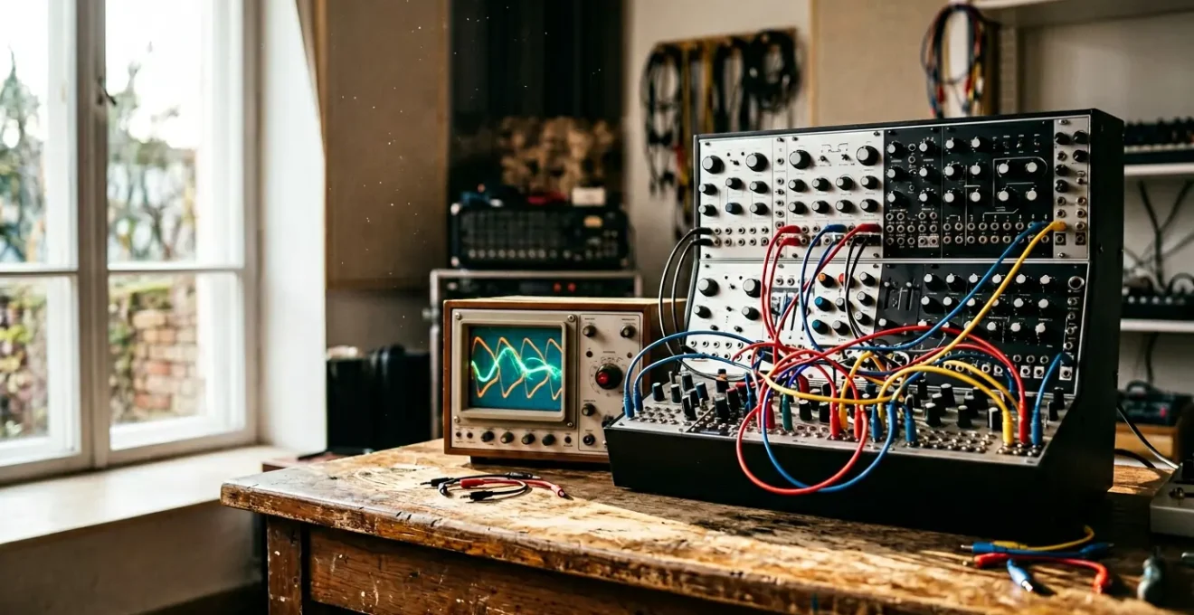 Editorial photograph of a modular synthesizer workspace with natural lighting and subtle dust particles suspended in air, emphasizing the tactile nature of electronic music creation