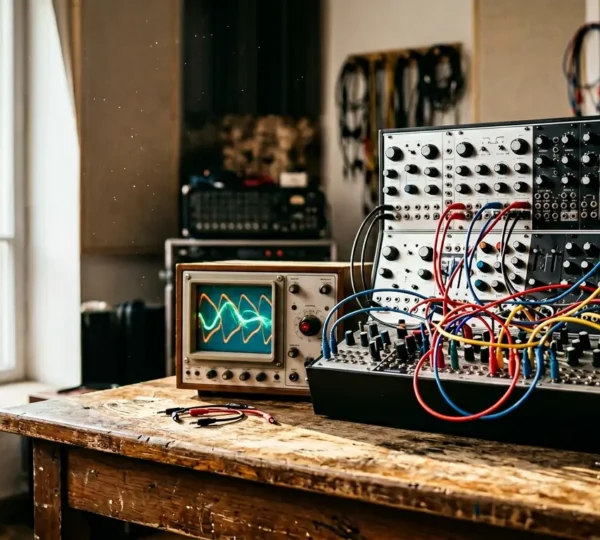 Editorial photograph of a modular synthesizer workspace with natural lighting and subtle dust particles suspended in air, emphasizing the tactile nature of electronic music creation