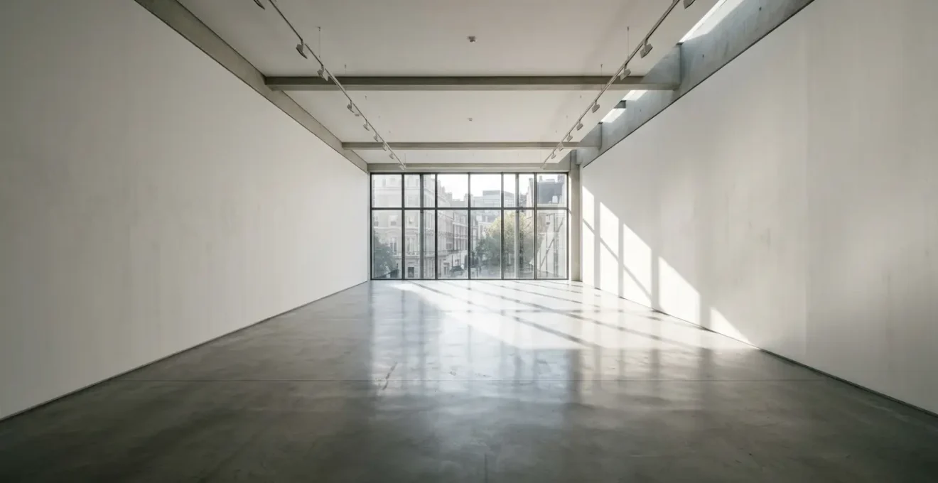 Empty contemporary art gallery interior with harsh natural light highlighting bare white walls and polished concrete floors