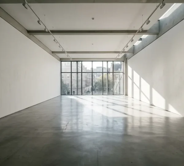 Empty contemporary art gallery interior with harsh natural light highlighting bare white walls and polished concrete floors