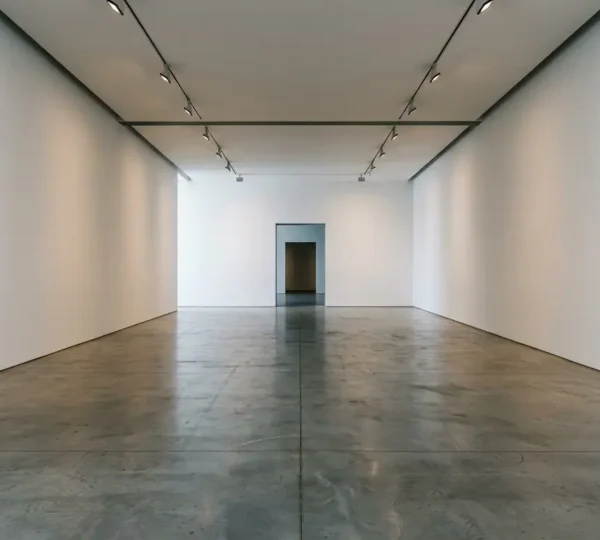 A wide-angle view of a contemporary virtual art gallery space with stark white walls and minimal lighting, emphasizing the sense of isolation and absence of human presence