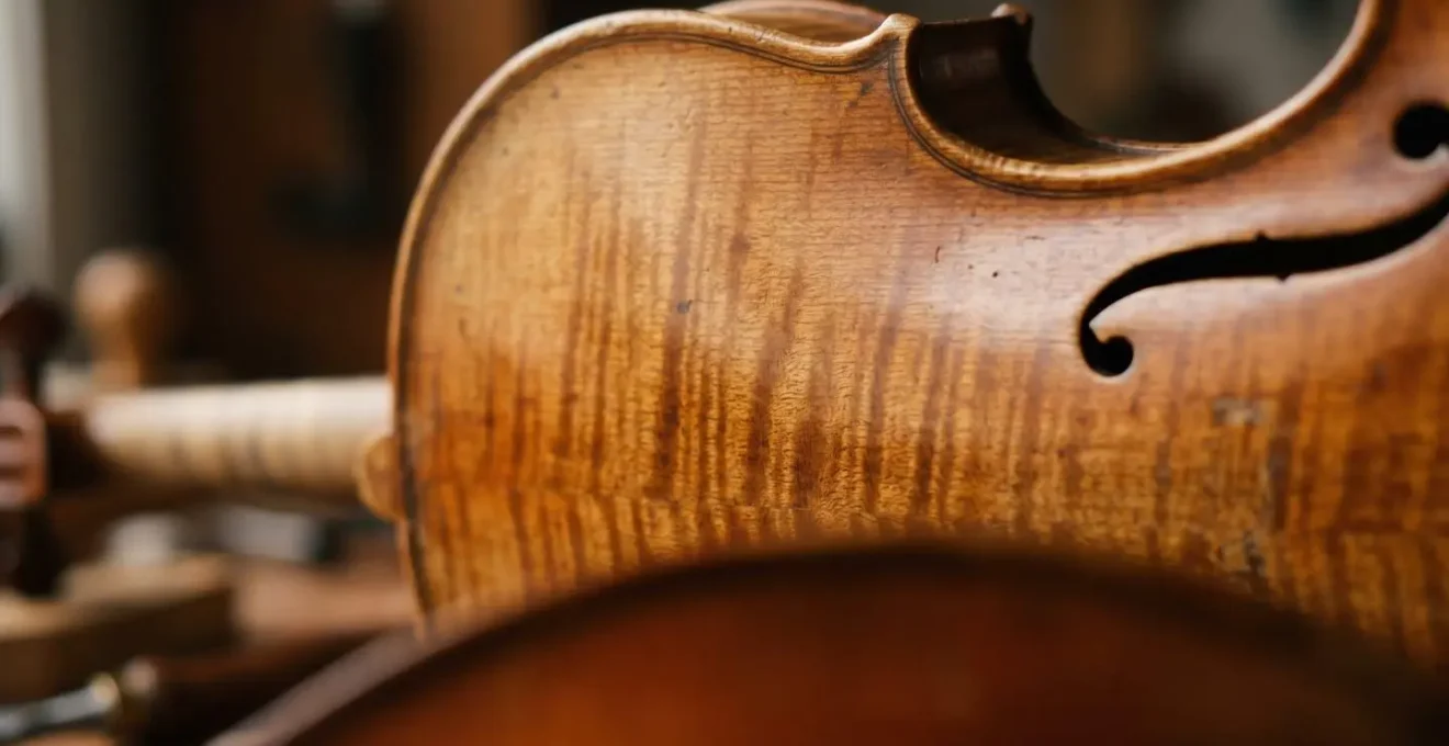 Close-up photograph of a fine violin showcasing premium tonewood grain and expert craftsmanship