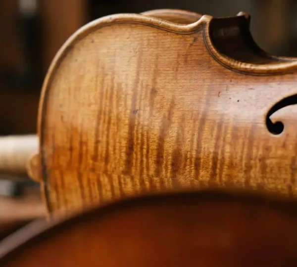 Close-up photograph of a fine violin showcasing premium tonewood grain and expert craftsmanship