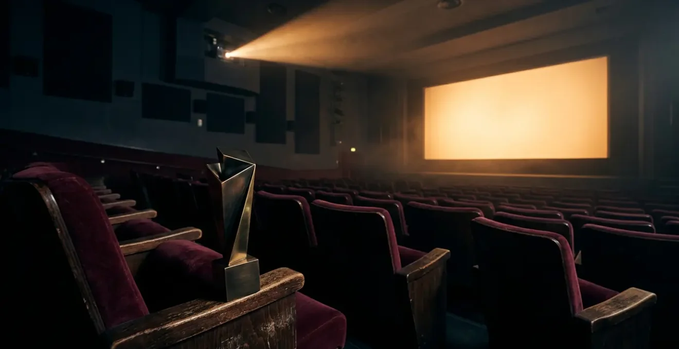 Empty cinema screening room with festival award trophy in foreground symbolizing documentary distribution challenge