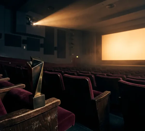 Empty cinema screening room with festival award trophy in foreground symbolizing documentary distribution challenge
