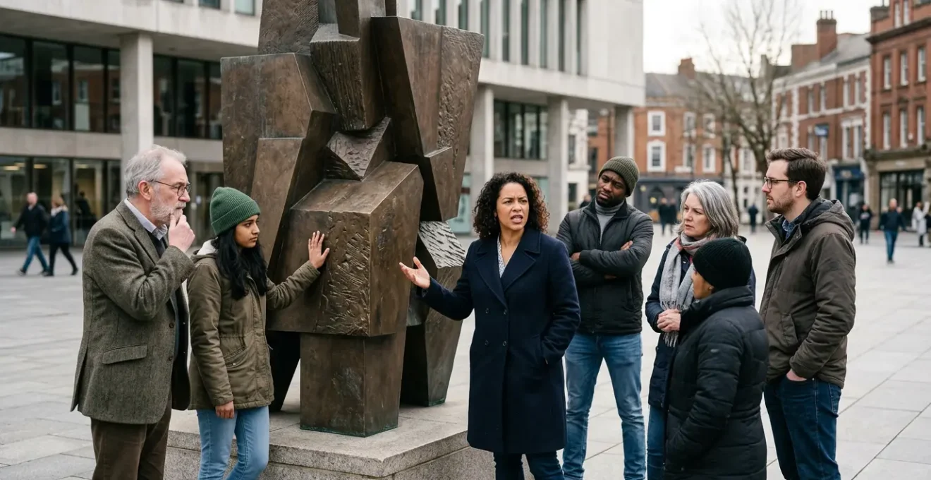 Divided community gathering around controversial public sculpture with mixed expressions of hope and resistance