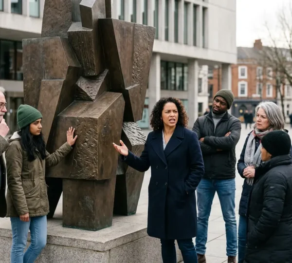 Divided community gathering around controversial public sculpture with mixed expressions of hope and resistance
