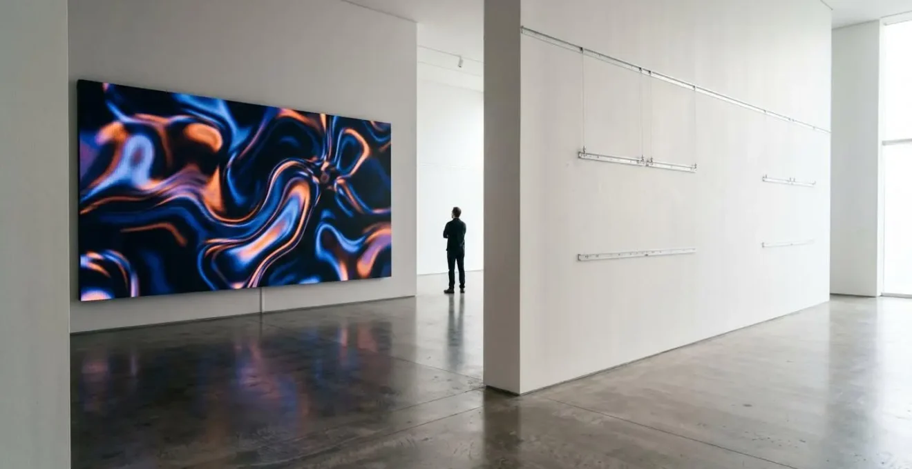 Contemporary gallery interior showcasing digital screen-based artwork installation alongside empty traditional canvas wall space