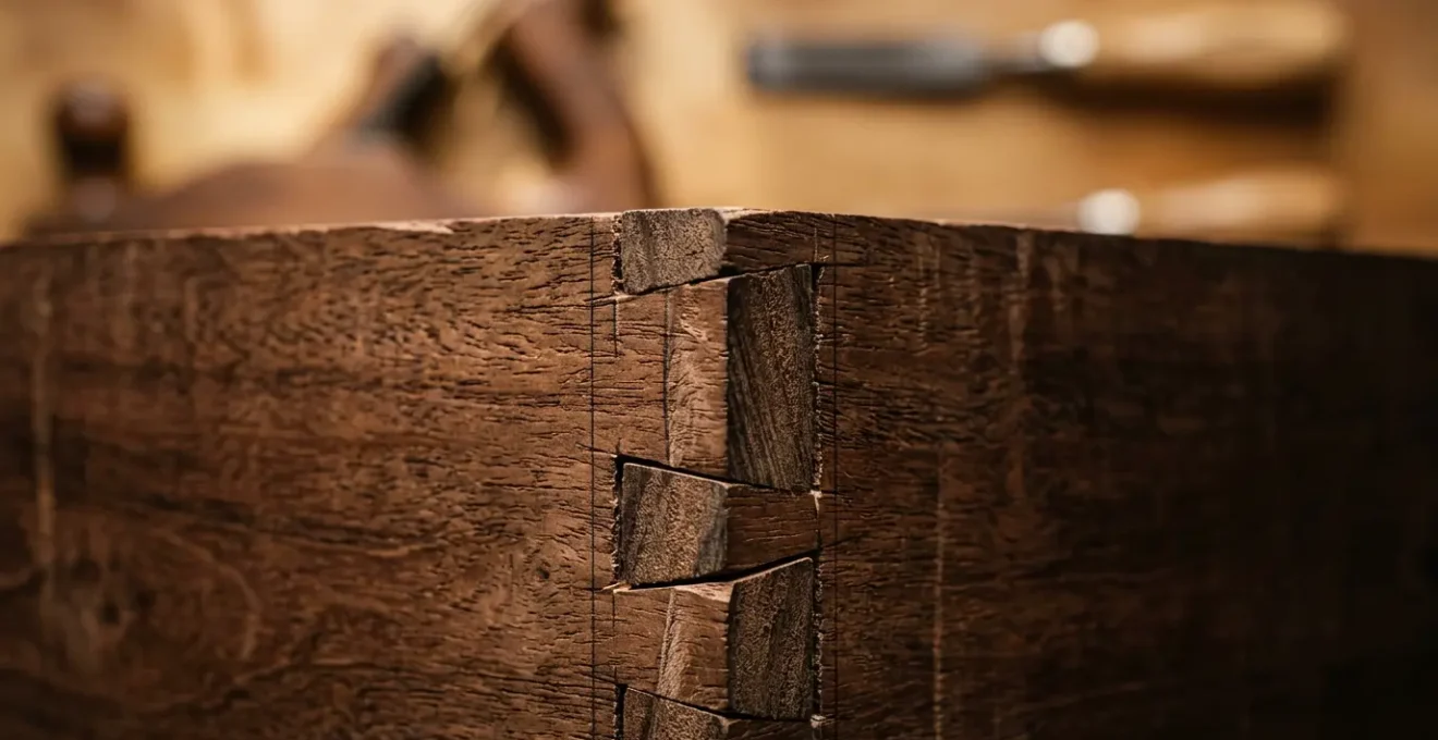 Close-up of hand-cut dovetail joinery detail in rich mahogany wood showcasing traditional Georgian craftsmanship