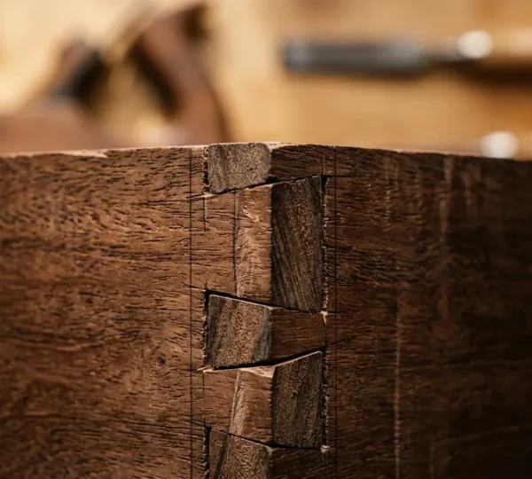 Close-up of hand-cut dovetail joinery detail in rich mahogany wood showcasing traditional Georgian craftsmanship