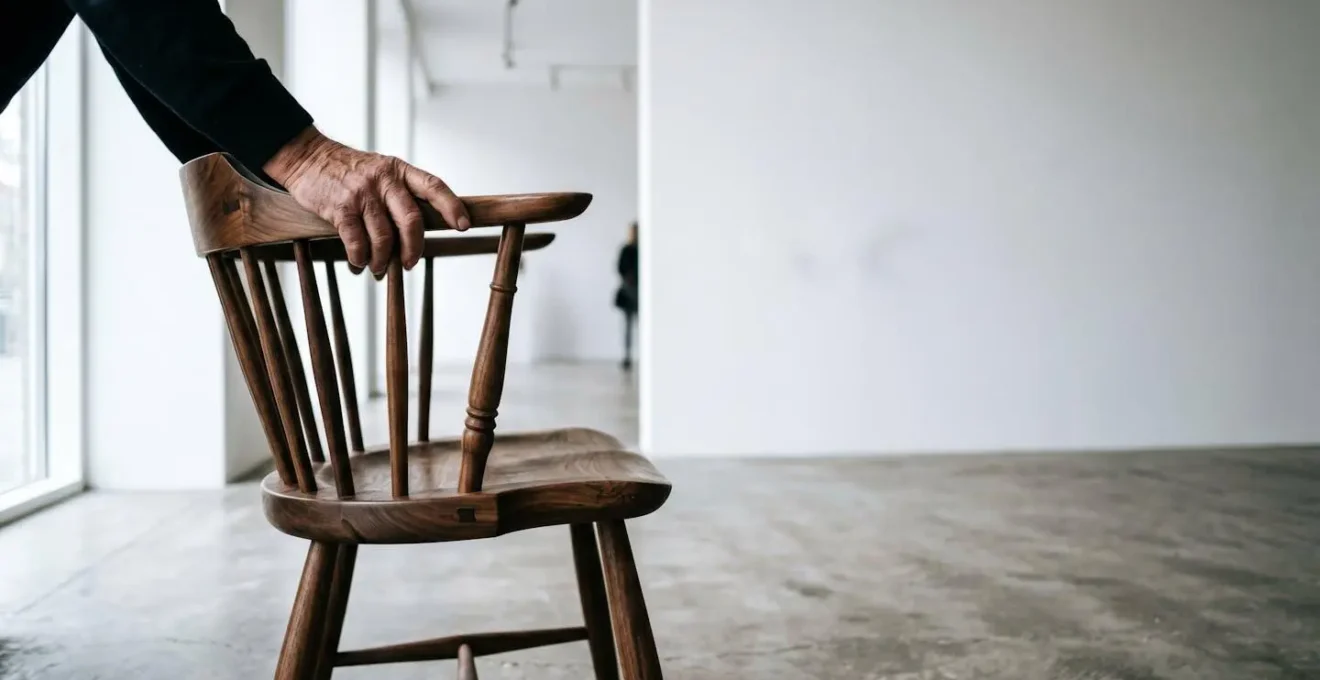Artisan craftsperson examining traditional handmade furniture piece in minimalist contemporary gallery space