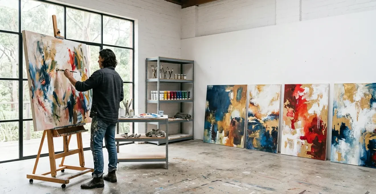 Professional painter working in bright natural-light studio with finished canvases displayed, representing independent artist career without gallery representation
