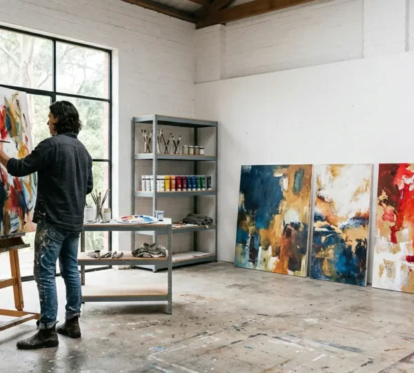 Professional painter working in bright natural-light studio with finished canvases displayed, representing independent artist career without gallery representation