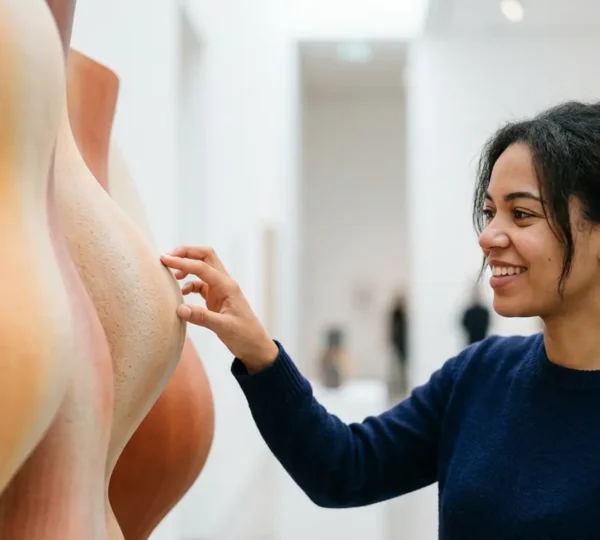 Museum visitor interacting with contemporary art installation through tactile engagement