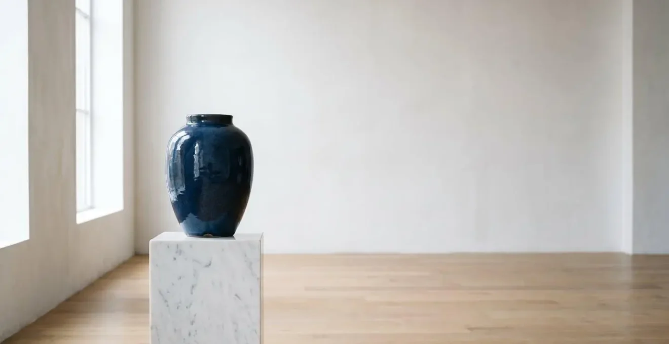 High-end ceramic vase displayed in a professional interior design studio setting with natural lighting