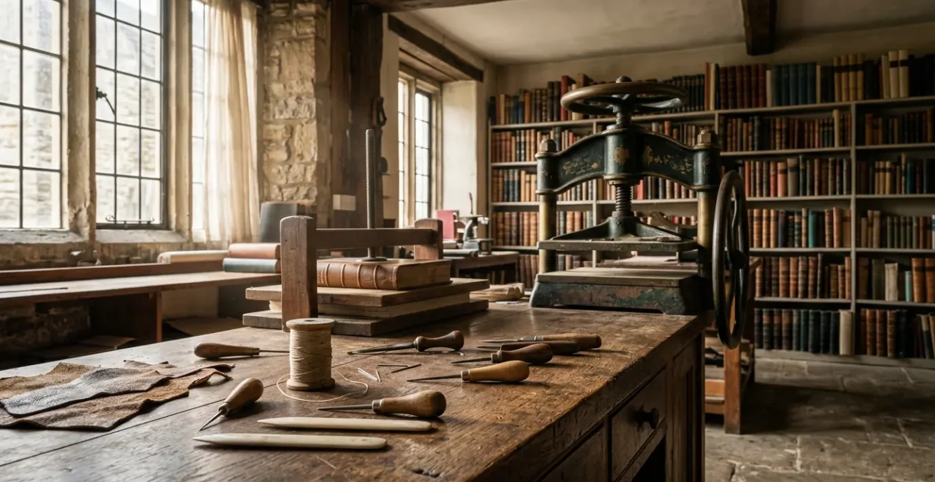 Empty traditional bookbinding workshop with aged wooden workbench and hanging leather-working tools in golden afternoon light