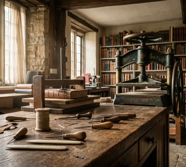 Empty traditional bookbinding workshop with aged wooden workbench and hanging leather-working tools in golden afternoon light