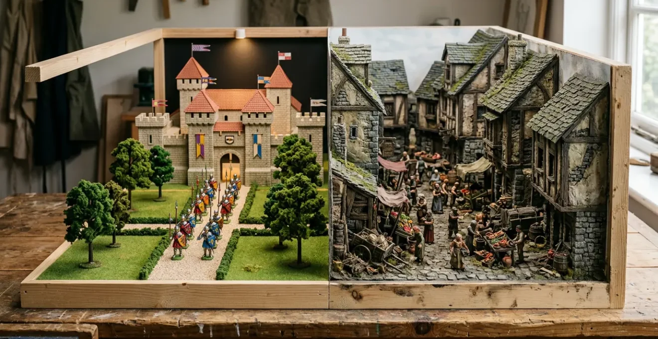 A conceptual photograph contrasting shallow worldbuilding with deep living societies in fantasy settings