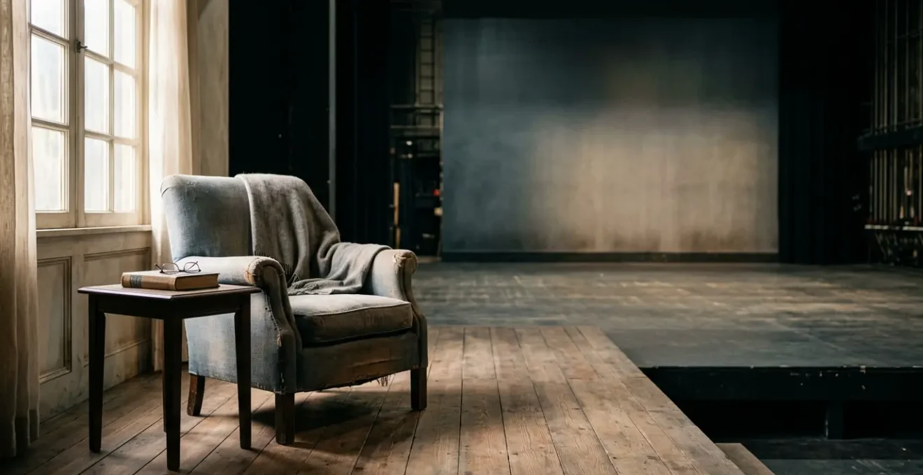 A realistic theatrical stage set depicting a lived-in domestic interior with subtle signs of inhabitation and emotional depth