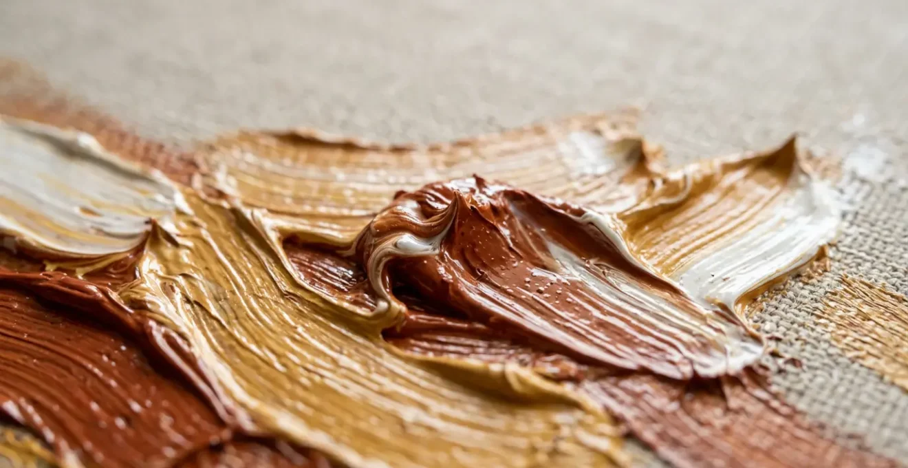 Close-up of luminous oil paint impasto texture showing dimensional brushstrokes and light reflection