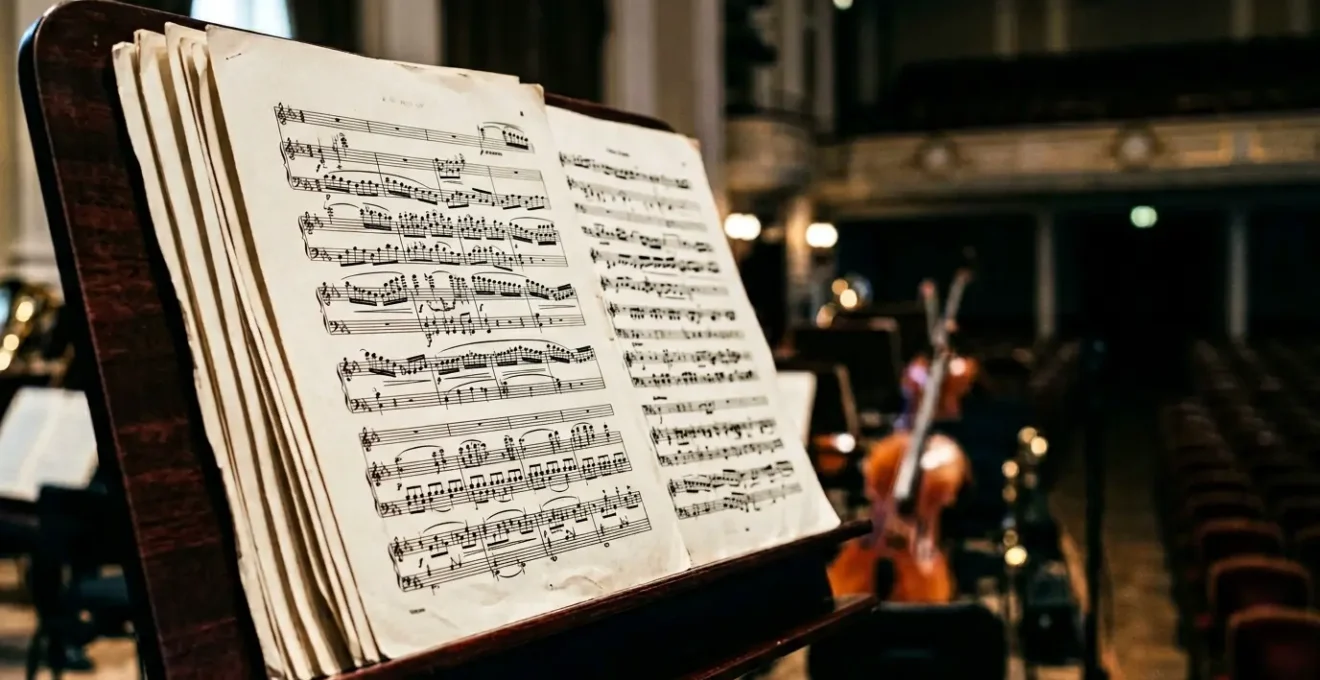 Orchestral score sheets layered with depth of field showing musical notation complexity